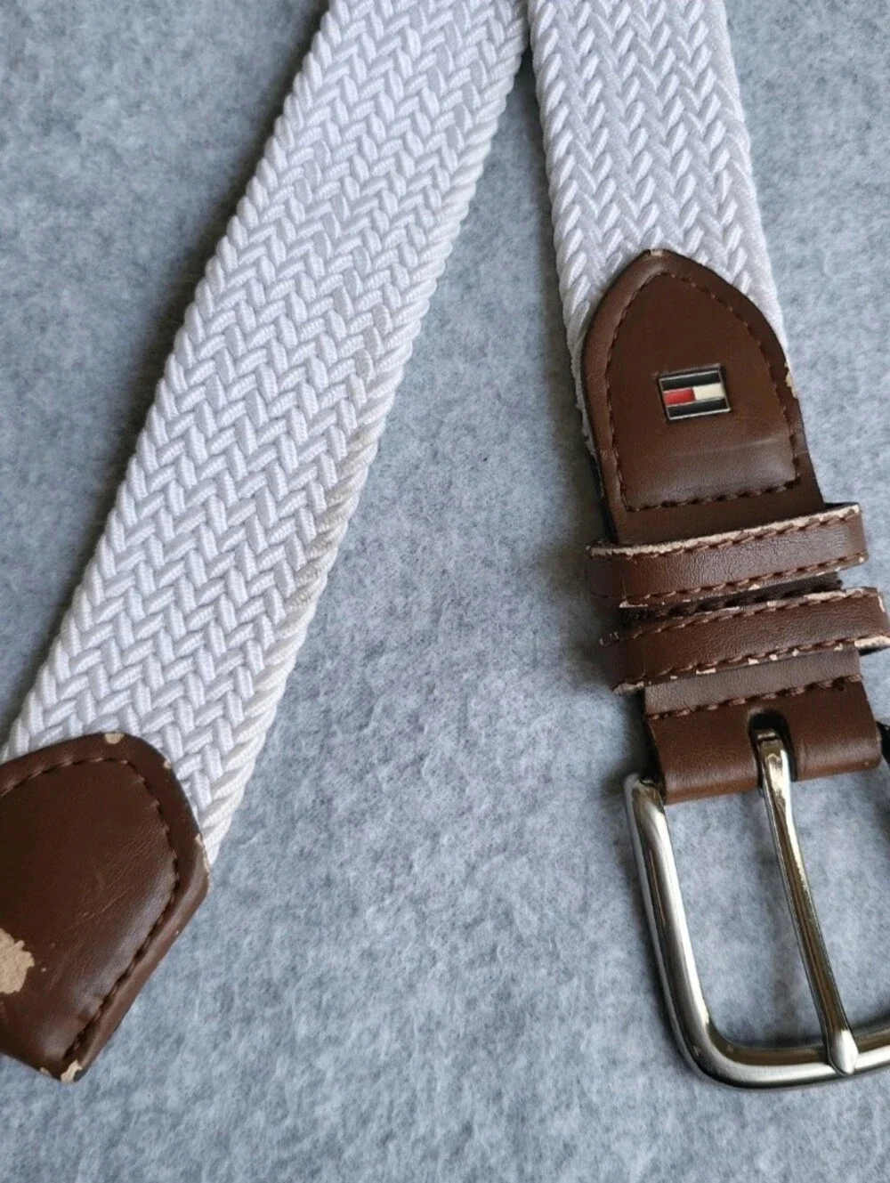 Tommy Hilfiger Belt Mens Small 32-34 White Elastic Canvas Bonded Leather Stretch